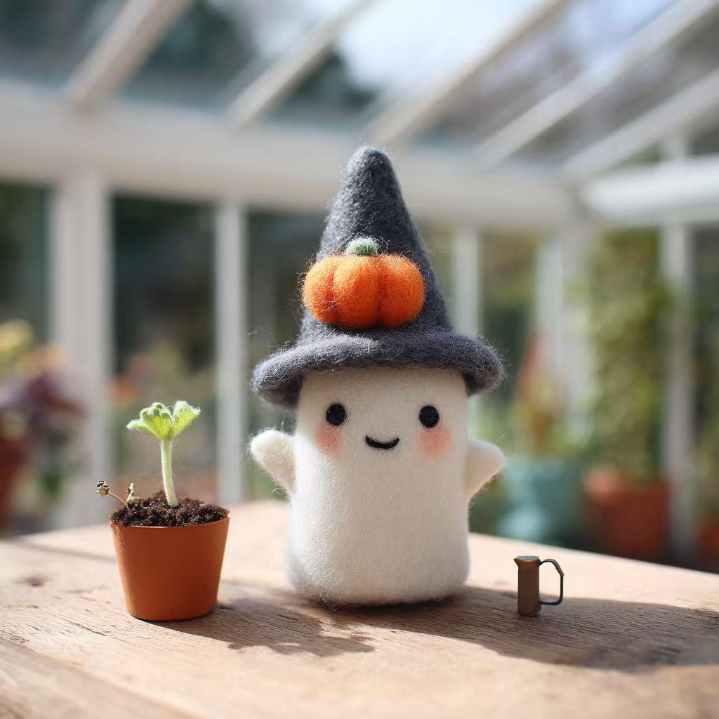 Handmade Needle Felted Halloween Ghost – Cute Wool Felt Figurine with Pumpkin Hat, Spooky Cute Decor, Fall Table Ornament, Gift Idea