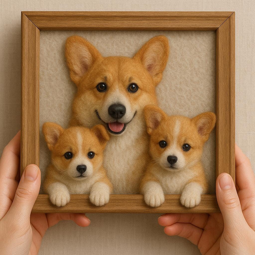 Custom Felted Corgi Family Portrait – Handmade Wool Sculpture with Wooden Frame,Custom Pet Art Gift for Dog Lovers, Pet Memorial Gift