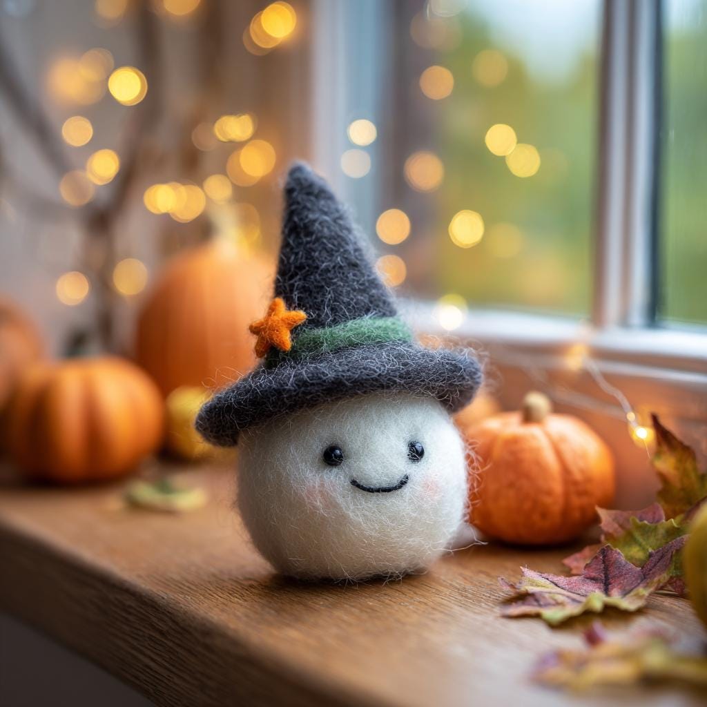 Handmade Needle Felted Halloween Ghost – Wool Felt Witch Ghost Figurine, Cute Pumpkin Decor, Cozy Autumn Home Decoration Gift