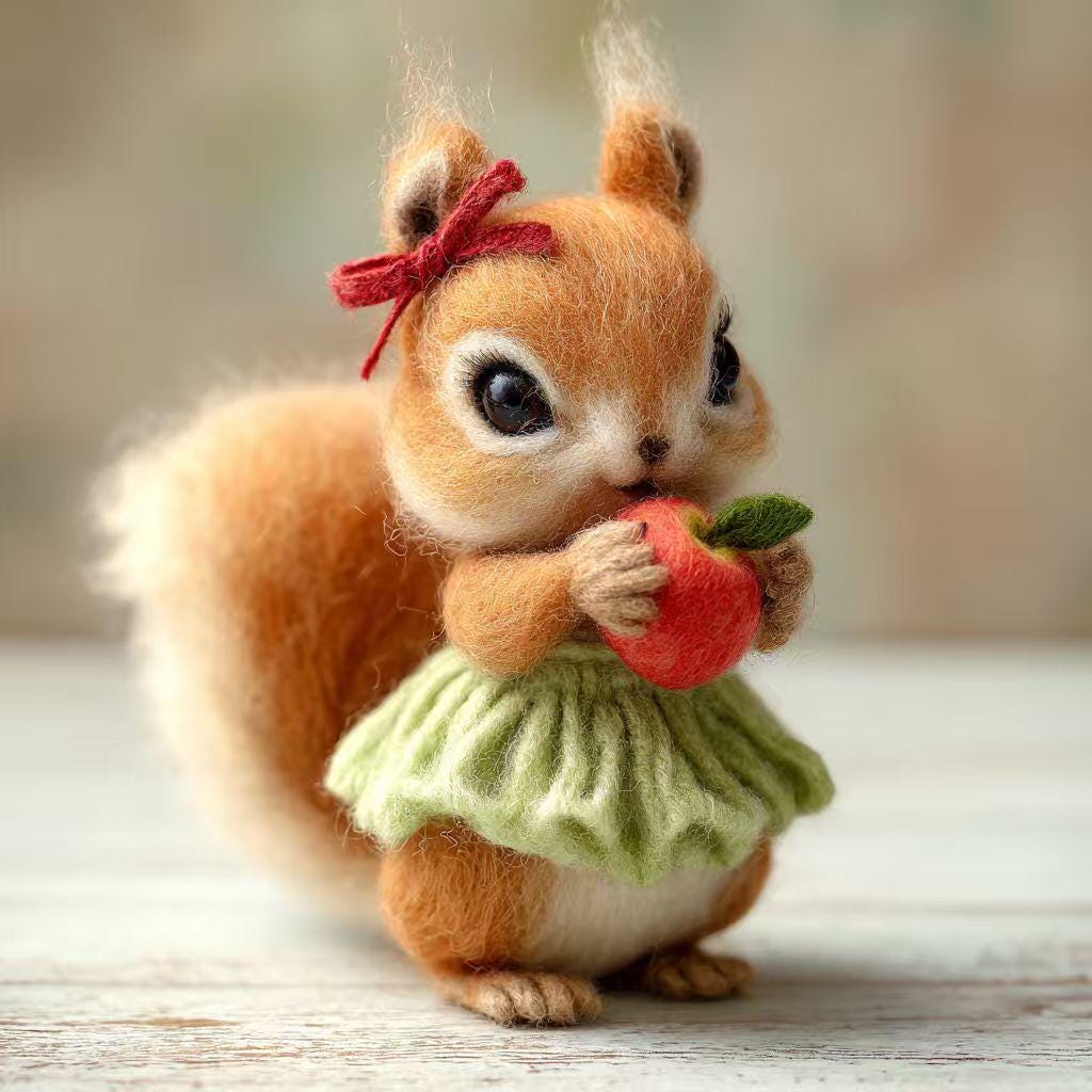 Handmade Felt Squirrel Figurine – Cute Wool Animal with Santa Hat or Apple, Winter Woodland Christmas Gift Decor