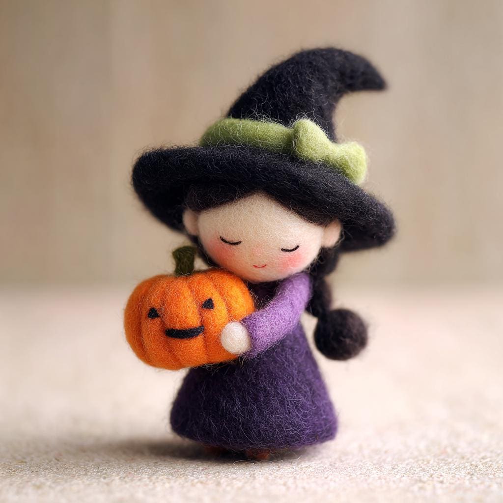 Needle Felted Witch Doll – Handmade Wool Felt Halloween Figurine, Cute Spooky Decor with Pumpkin, Magic Wand or Owl Hat Gift