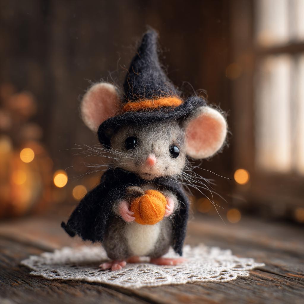 Handmade Needle Felted Mouse with Pumpkin – Cute Wool Felt Figurine, Spooky Winter Decor, Perfect as a Christmas Tree Ornament Gift