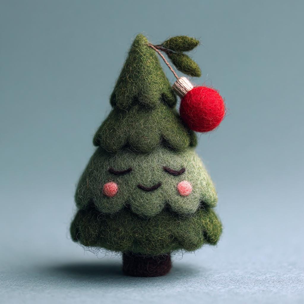 Handmade Wool Felt Christmas Tree Set – Cute Mini Tree Figurines with Lights, Star, and Red Bow, Cozy Winter Home Decor Gift