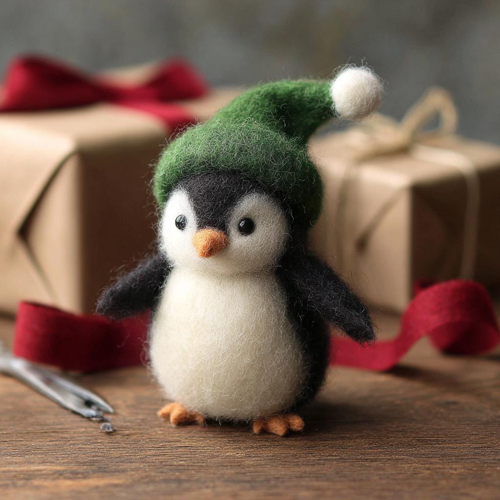 Handmade Wool Felt Penguin – Cozy Christmas Friends, Bear, Bunny & Snowman Figurines, Perfect as a Christmas Tree Ornament Gift