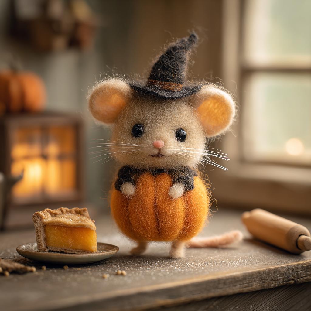 Handmade Needle Felted Halloween Mouse – Cute Wool Pumpkin Mouse Figurine, Ghost Mouse Decor, Fall Home Ornament, Spooky Holiday Gift