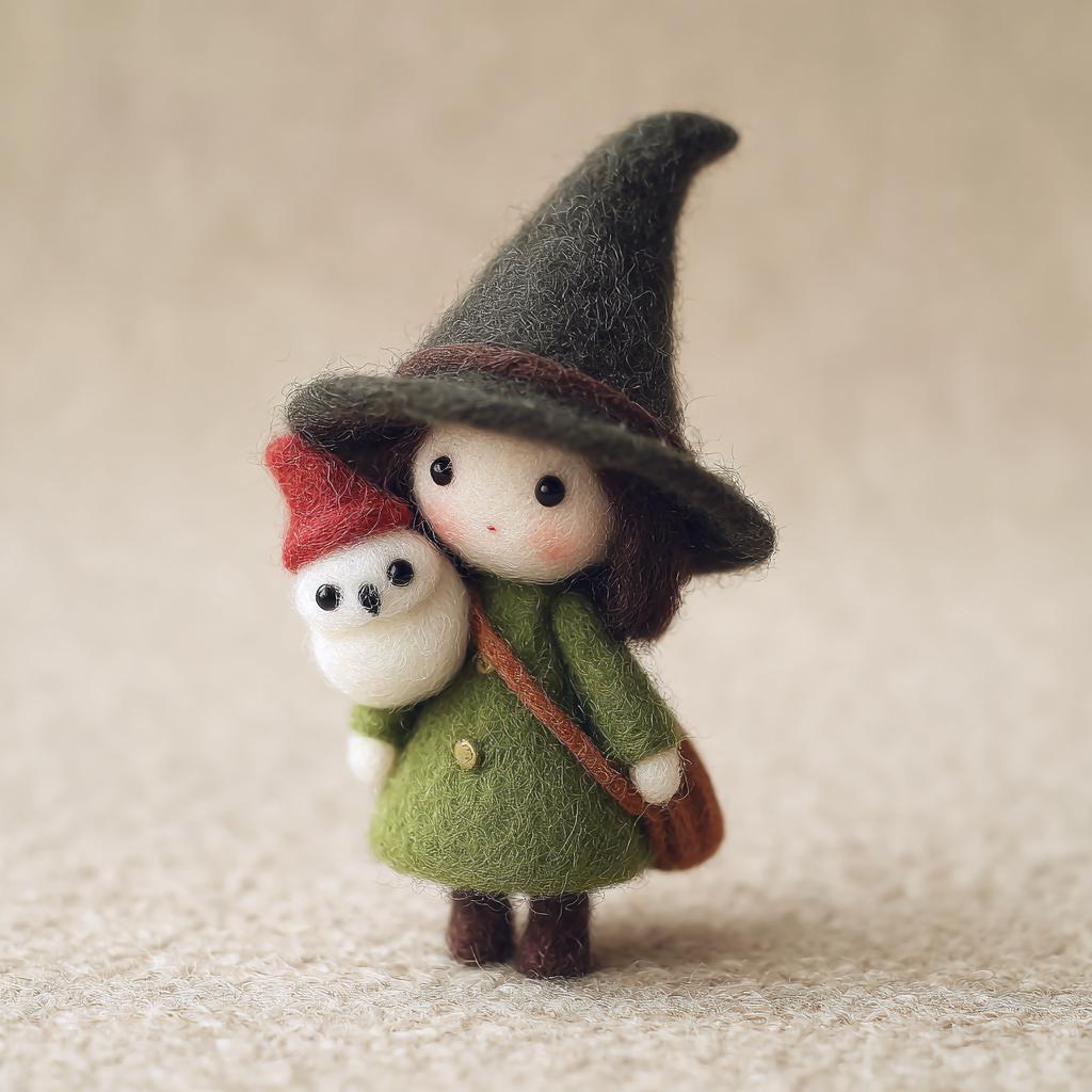 Needle Felted Witch Doll – Handmade Wool Felt Halloween Figurine, Cute Spooky Decor with Pumpkin, Magic Wand or Owl Hat Gift