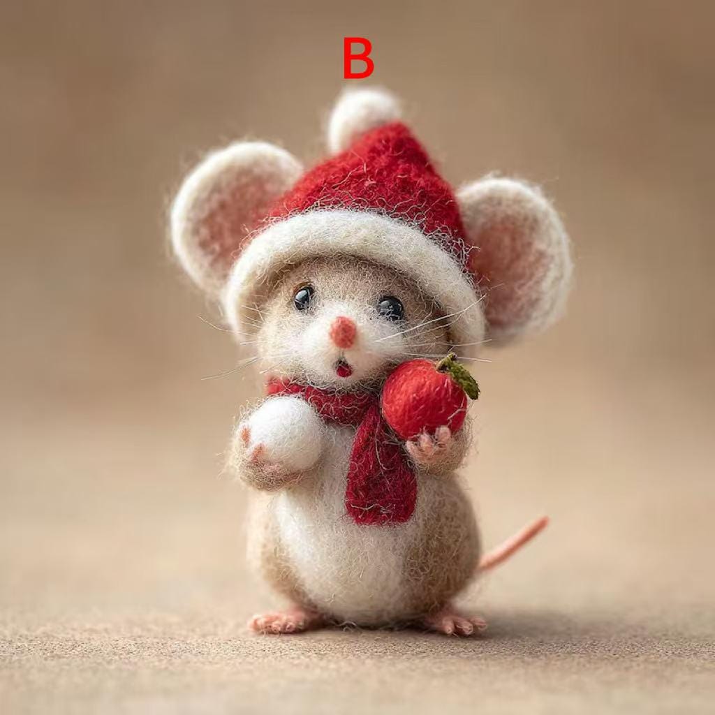 Handmade Needle Felted Christmas Mouse – 3 Inch Wool Felt Figurine with Santa Hat and Berries, Perfect for Christmas Tree Ornament