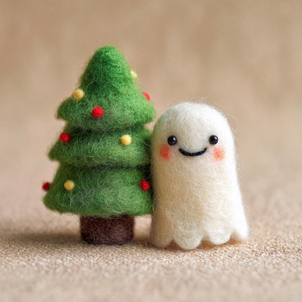 Handmade Wool Felt Skeleton with Star – Cute Needle Felted Ghost & Tree Ornament, Spooky Cute Holiday Gift Idea