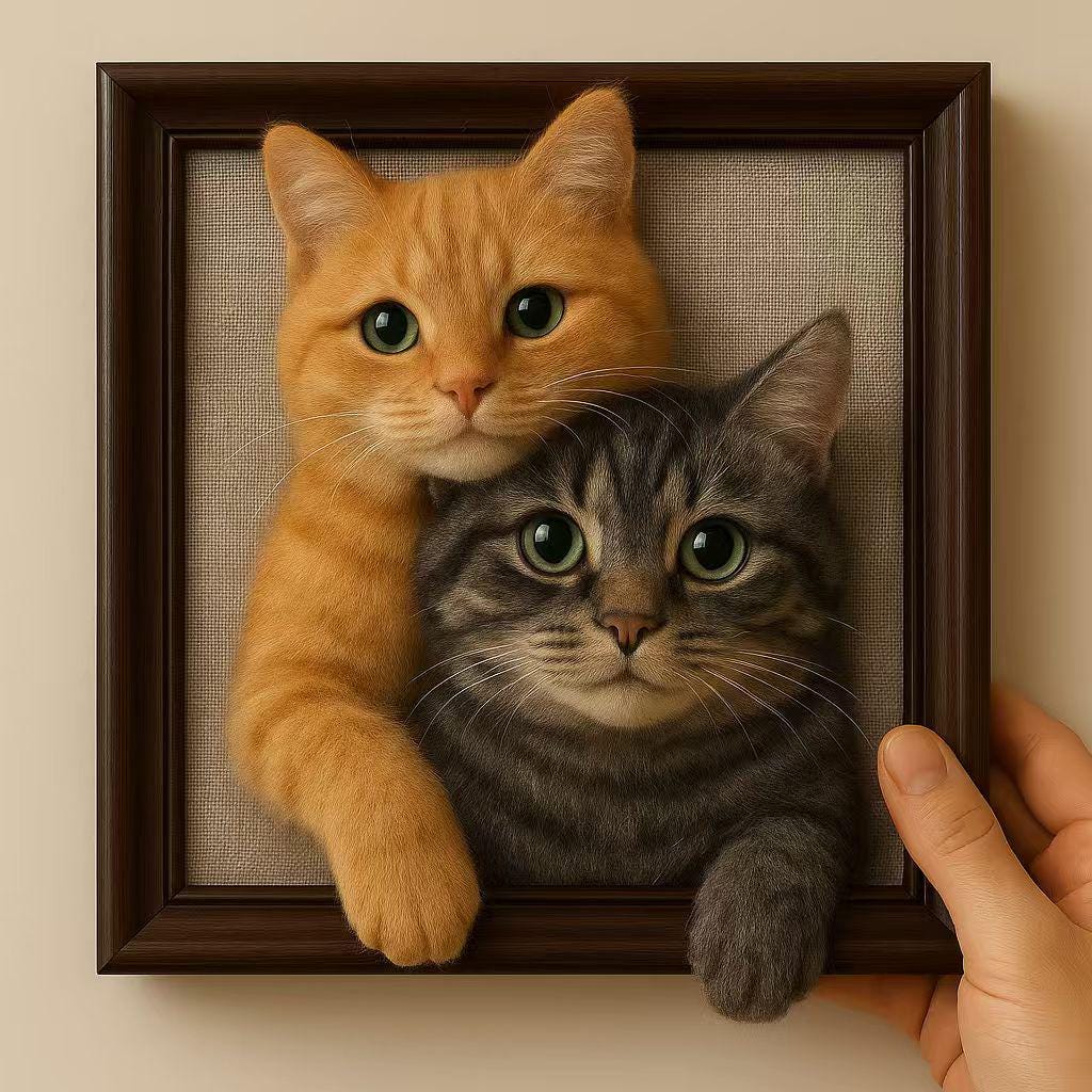 Custom 3D Felt Cat Portrait in Frame – Realistic Handmade Pet Memorial Gift|Handmade Cat Couple Frame – Realistic Felt Pet Portrait Décor