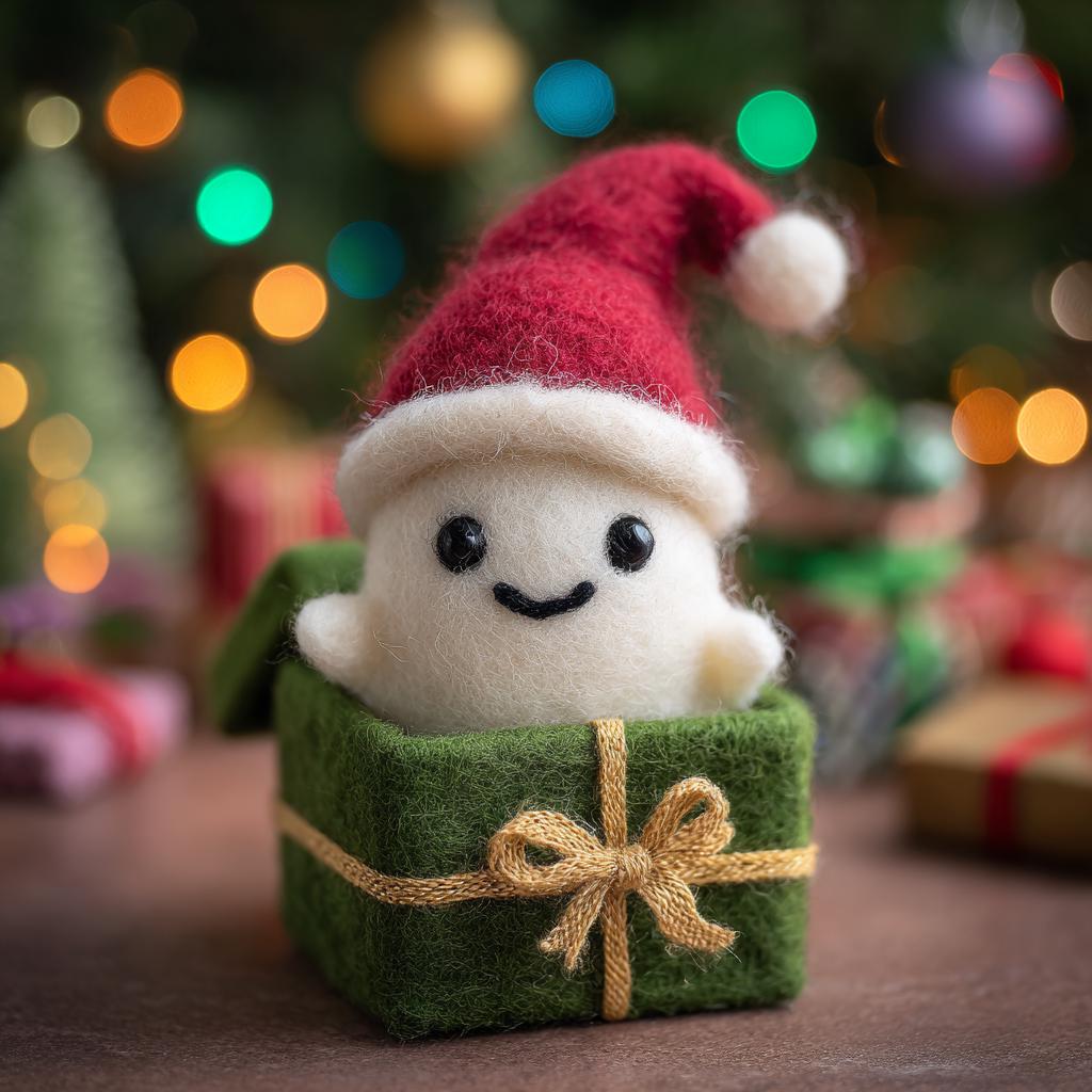 Needle Felted Ghost Figurine – Wool Felt Christmas Decor with Santa Hat and Gift Box, Cute Handmade Holiday Ornament