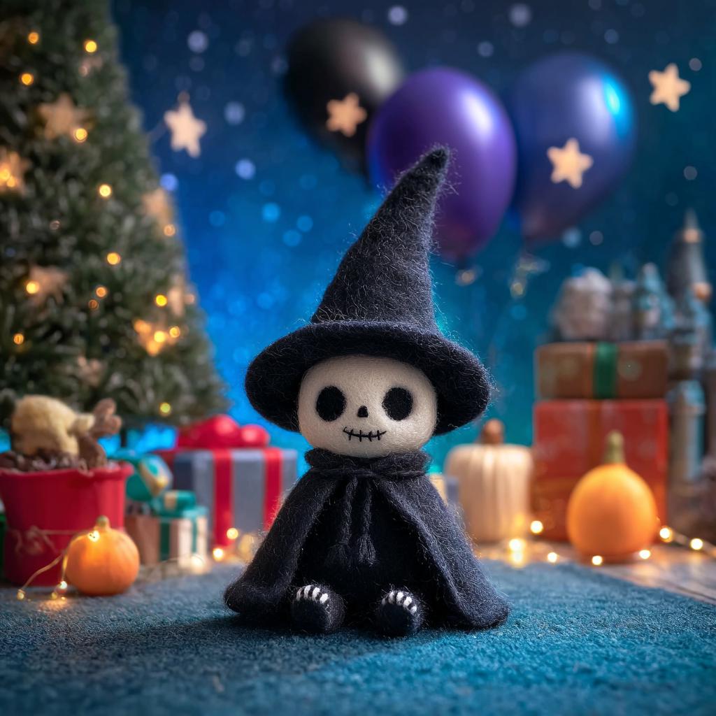 Handmade Wool Felt Skeleton Witch – Needle Felted Halloween Decoration, Spooky Cute Figurine for Autumn Home or Party Gift