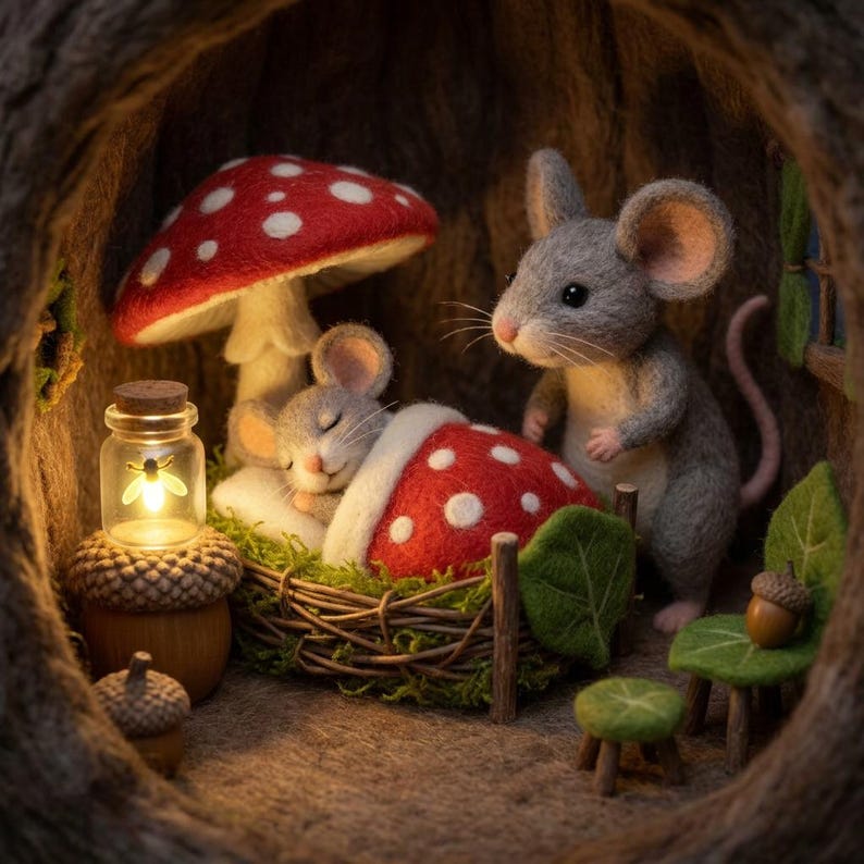 Needle Felt Mouse Family Scene, Wool Mom and Baby Mouse Miniature Decor - photo 2