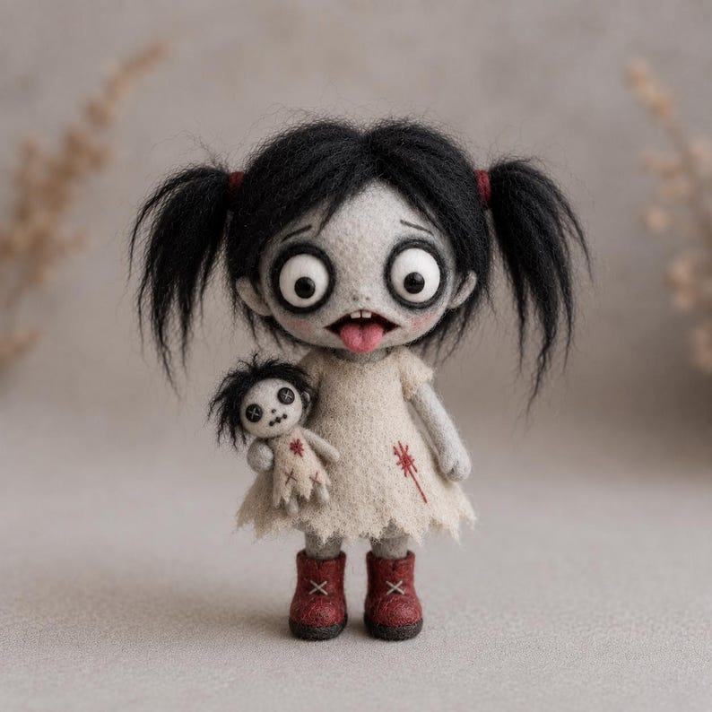 Needle Felt Creepy Doll, Halloween Decor, Gothic Felt Figurine, Spooky Shelf Decor - photo 1