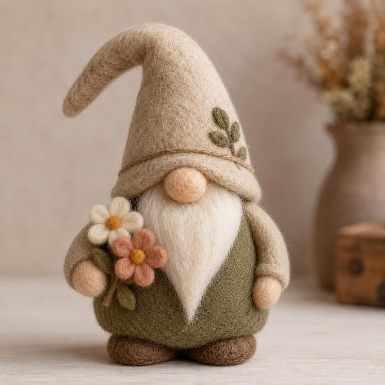Needle Felt Gnome Figurine, Handmade Wool Forest Gnome, Woodland Cottagecore Shelf Decor - photo 2