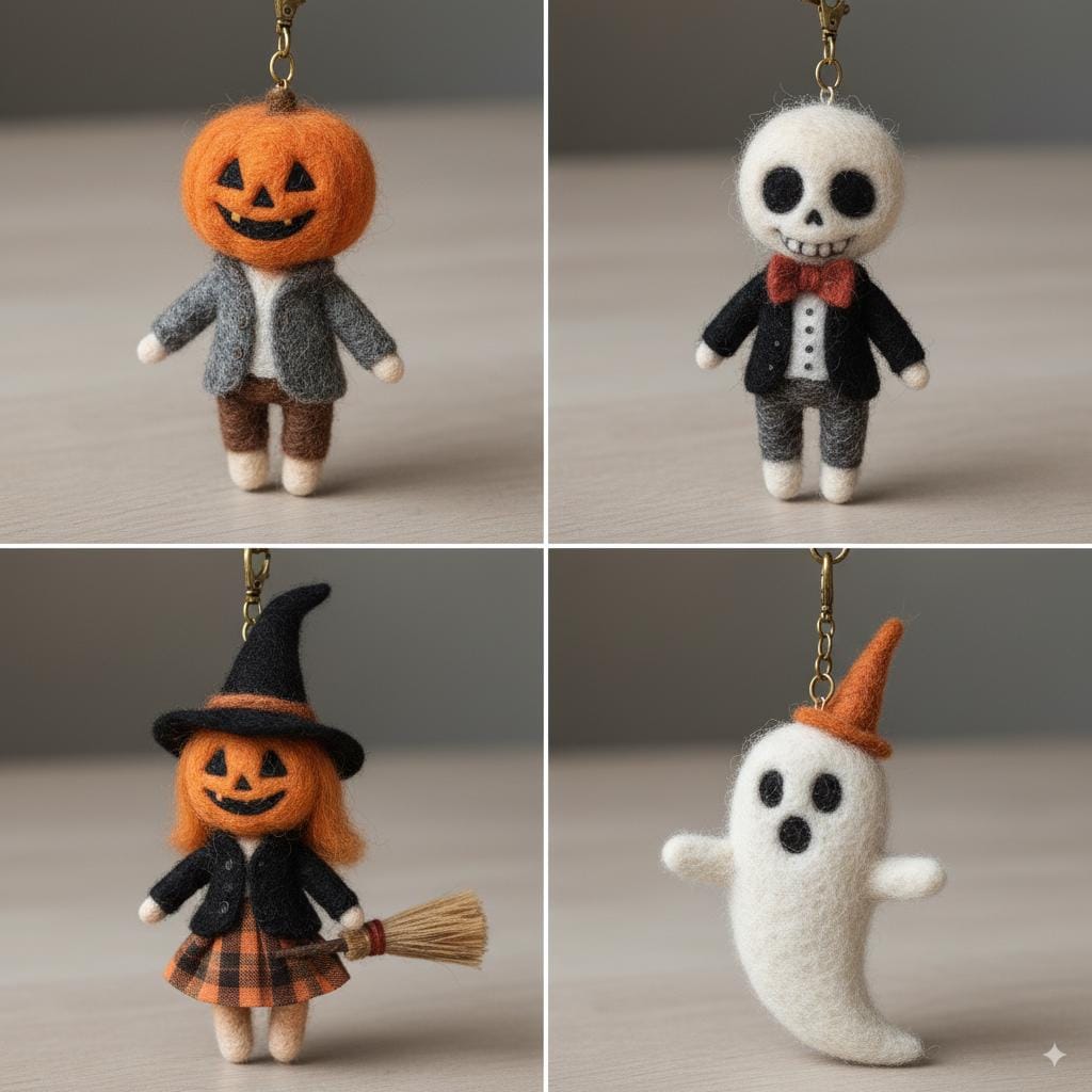 Needle Felted Wool Halloween Keychain – Cute Pumpkin Ghost Plush Bag Charm – Handmade Spooky Fall Gift for Trick or Treat Lovers