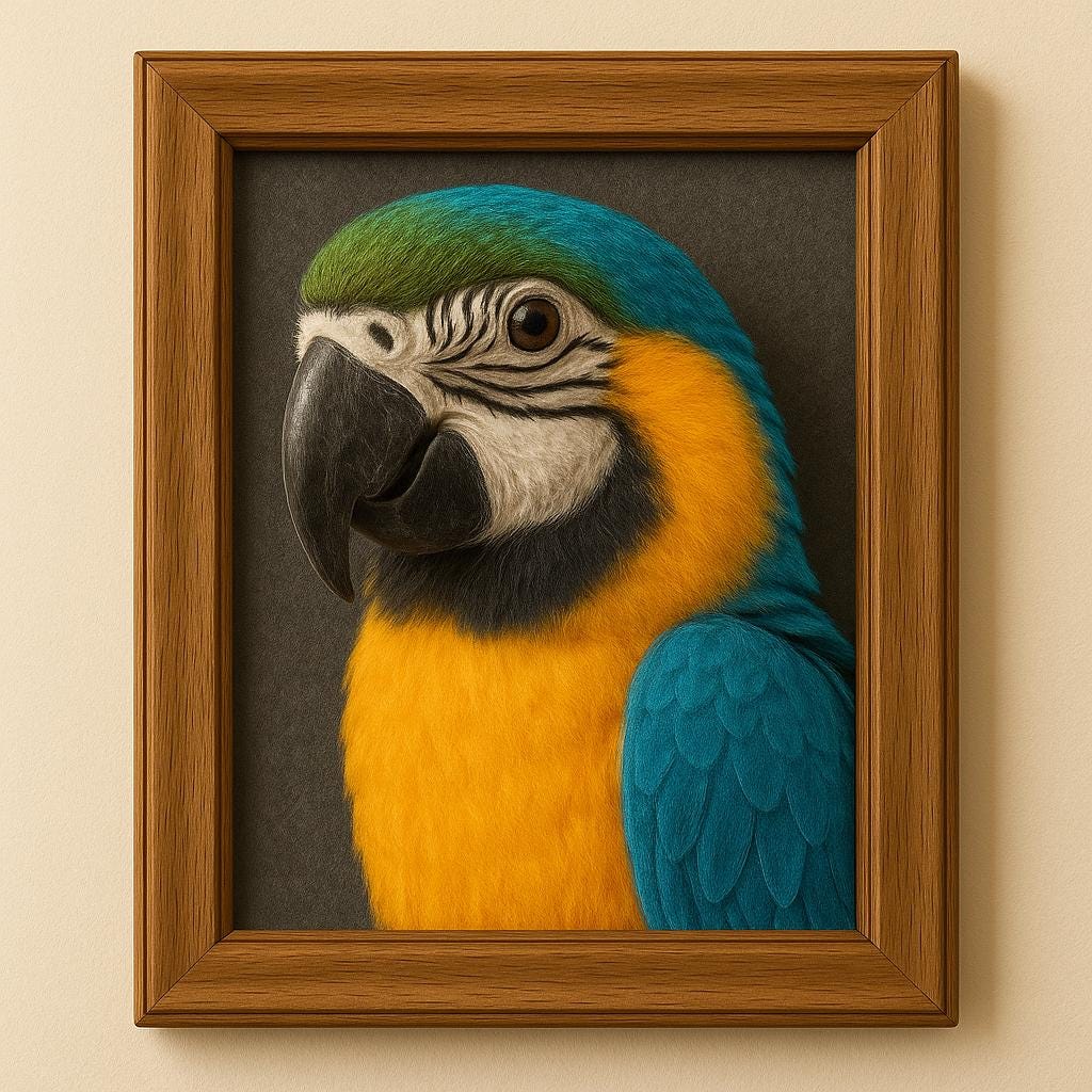 Custom Needle Felted Macaw Parrot Portrait Frame: Personalized Pet Memorial