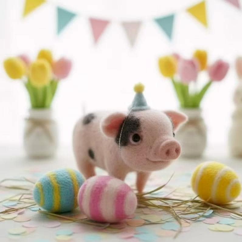 Handmade Wool Felt Piglet Figurine – Cute Birthday or Christmas Gift, Party Hat Pig Sculpture, Adorable Farm Animal Decor