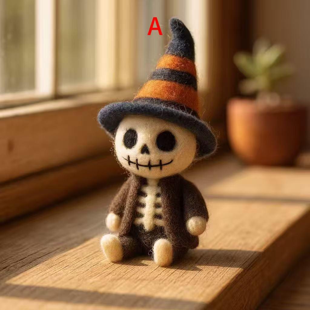 Halloween Skeleton Witch Doll – Handmade Needle Felted Wool Felt Skeleton Figurine – Witch Hat Skeleton Ornament, Spooky Fall Decoration