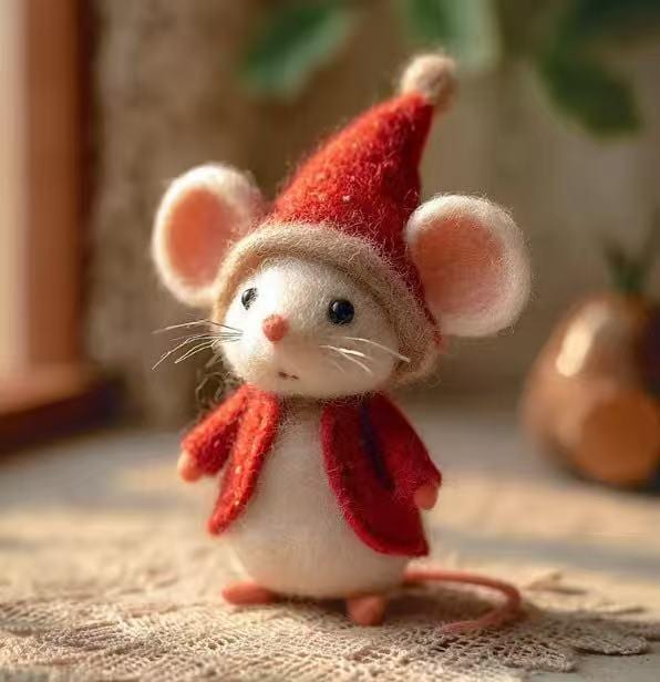 Felt Mouse Ornament – Handmade Wool Felt Christmas Mouse with Santa Hat and Scarf, Adorable Christmas Tree Hanging Decor, Cozy Winter Gift