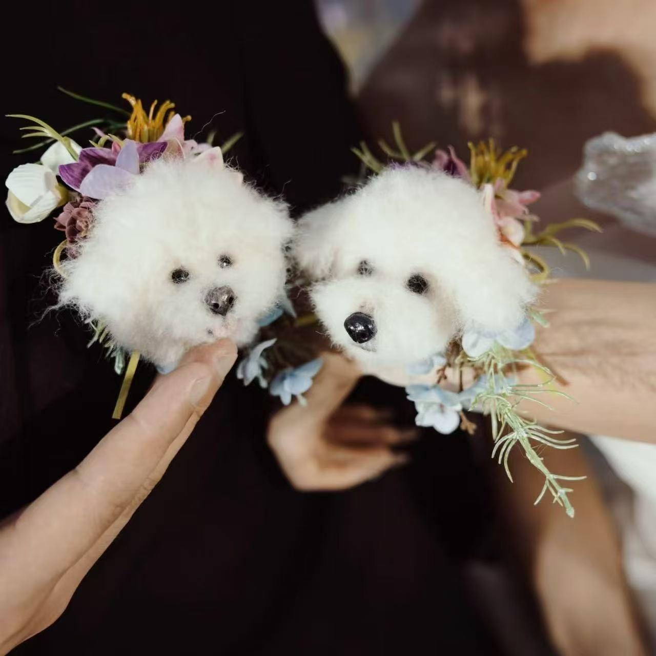 Custom Pet Portrait Wedding Corsage – Handmade Wool Felt Flower Pin for Bride and Groom Keepsake Gift