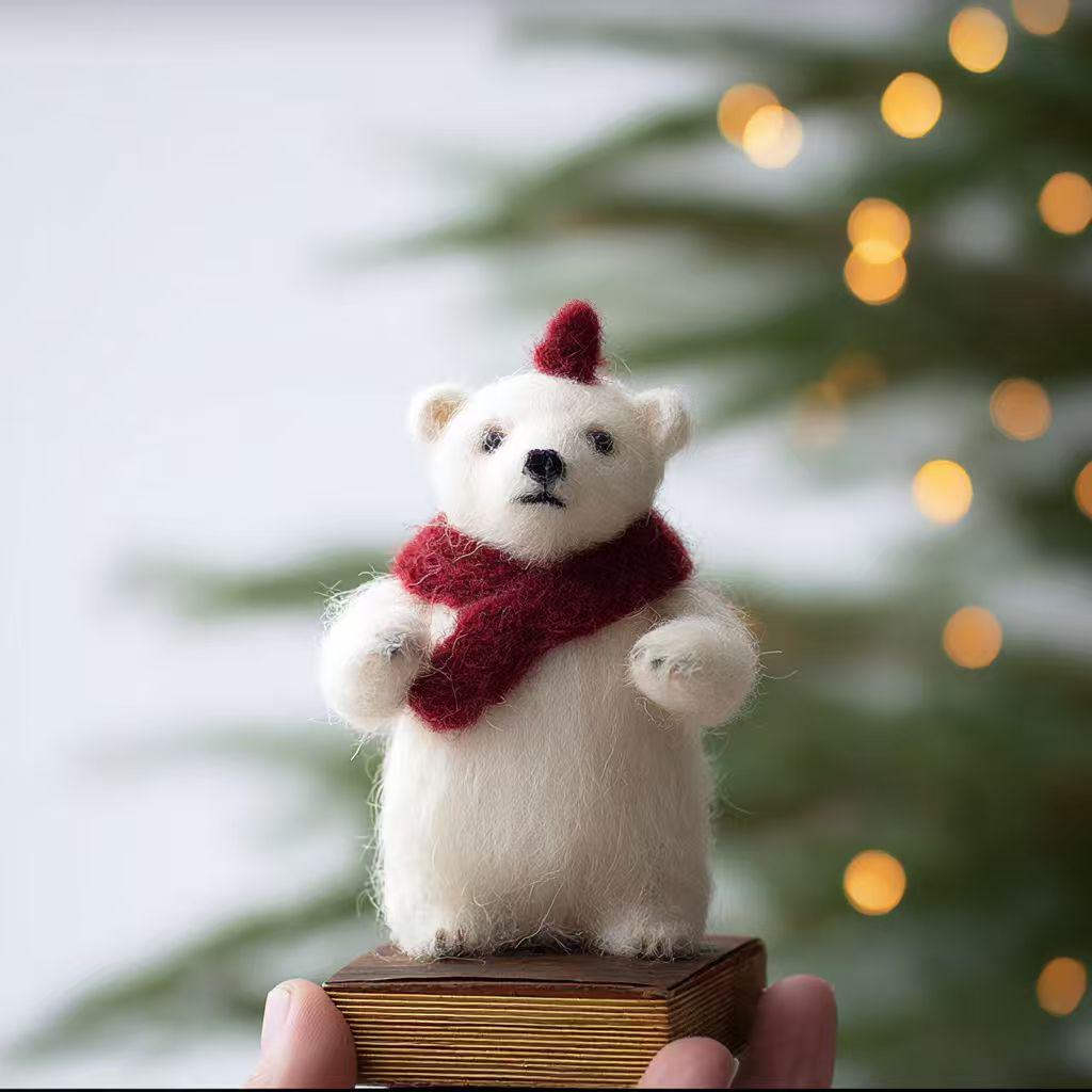 Cute Wool Felt Polar Bear with Red Scarf – Christmas Tree Ornament, Winter Decoration, Handmade Holiday Gift for Friends