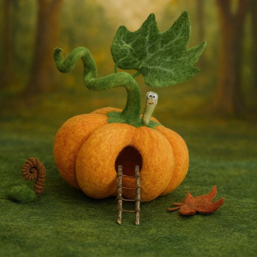 Handmade Wool Felt Pumpkin House – Waldorf Inspired Toy for Kids,Needle Felted Pumpkin Fairy House – Nature Play Toy, Montessori Gift