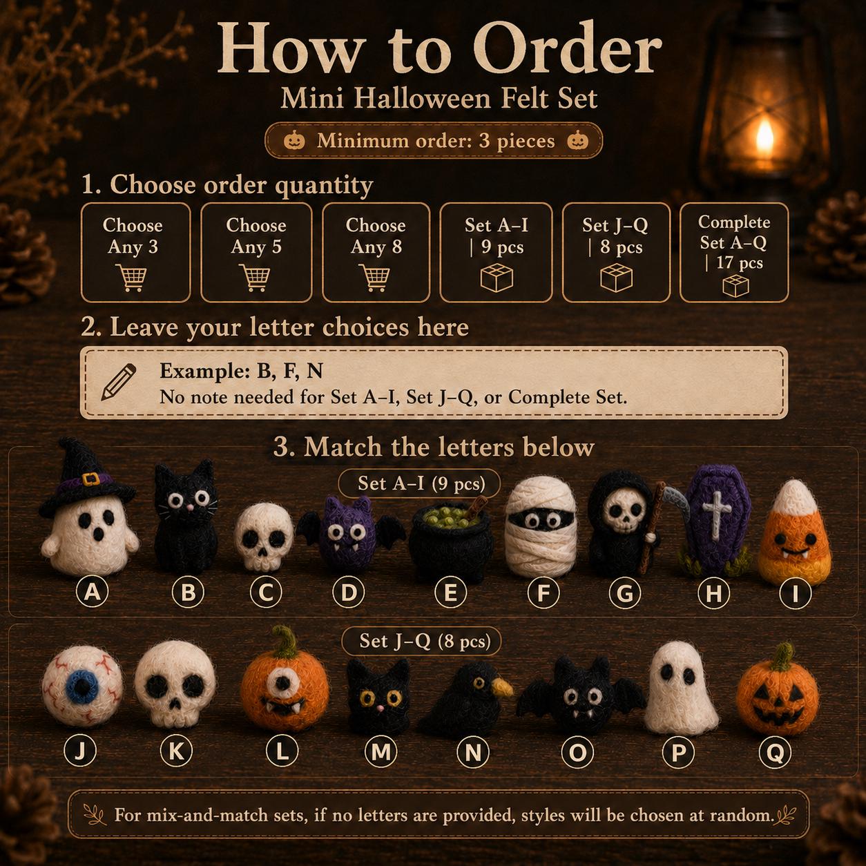 Ordering guide for the mini Halloween felt set with letter-coded catalog of 17 characters A–Q