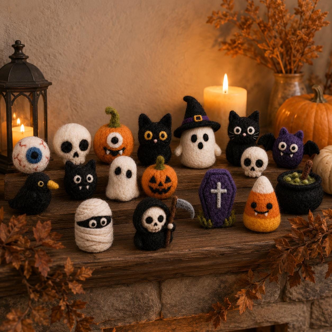 Needle felted Halloween miniature set of 17 wool characters including skull, pumpkin, cat, ghost, witch, bat, mummy, reaper and cauldron