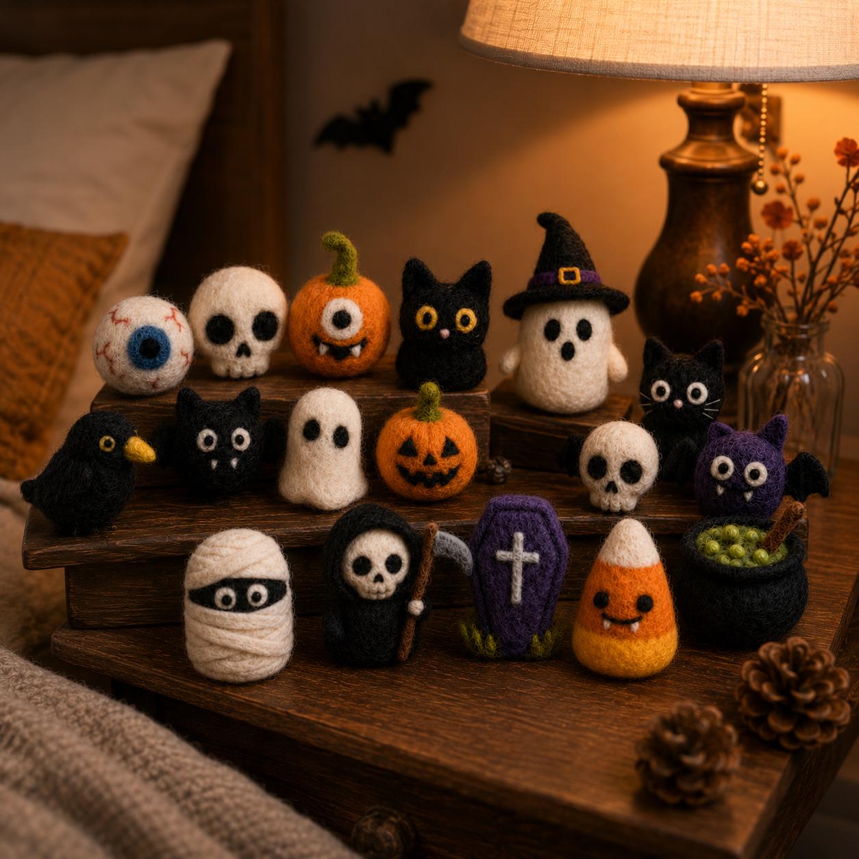 Needle felted Halloween miniatures grouped together on a table
