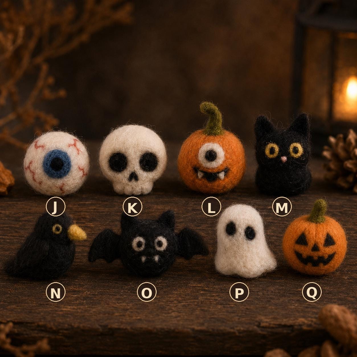 Set J–Q: eyeball, skull, cyclops pumpkin, yellow-eyed cat, crow, bat, white ghost, jack-o'-lantern