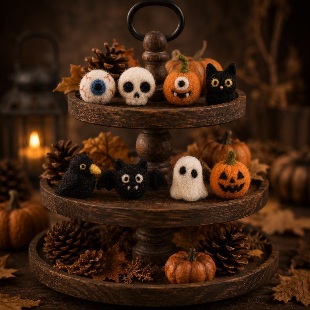 Wooden tiered tray styled with felt Halloween miniatures, pinecones and dried leaves