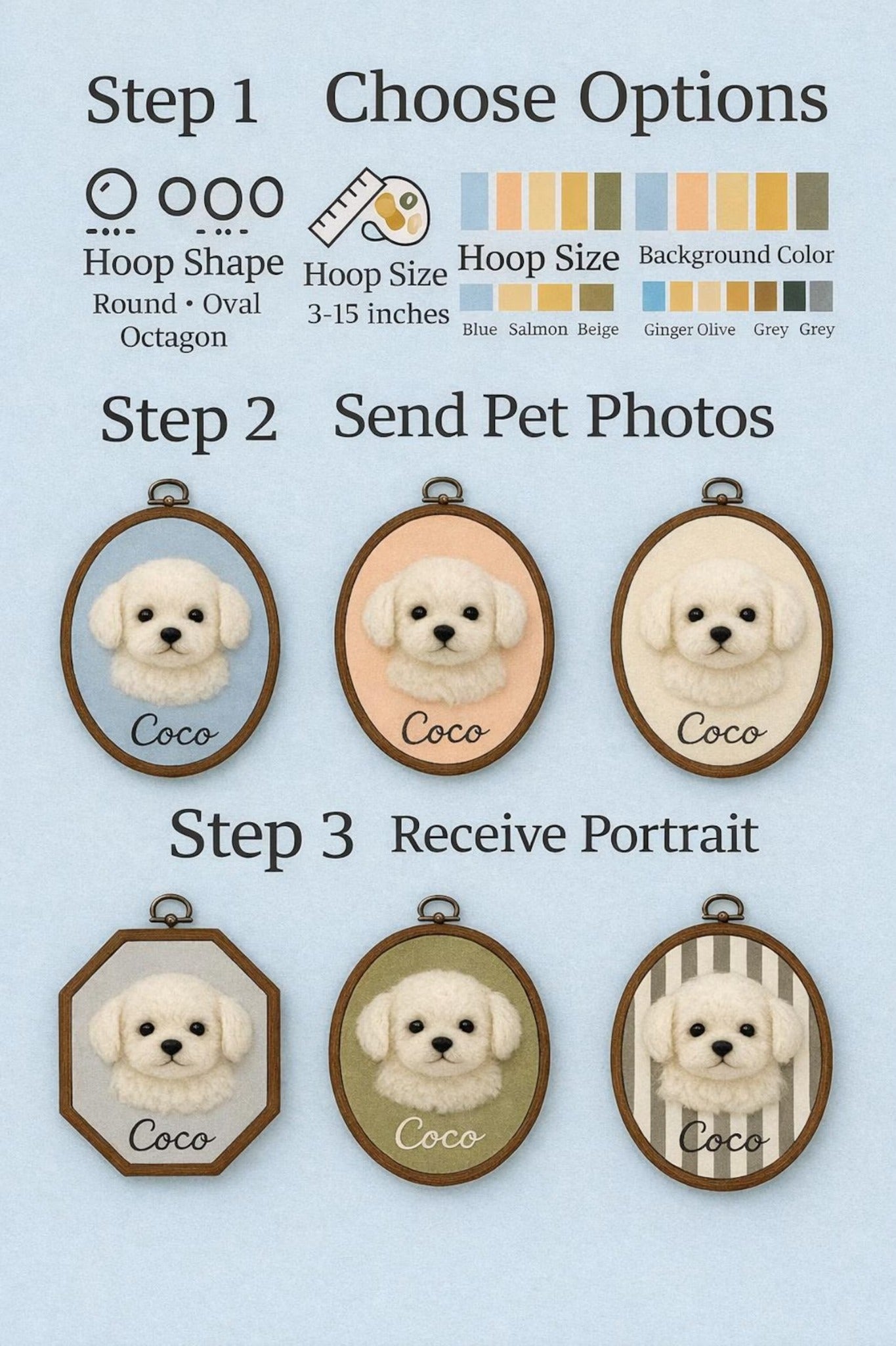 How to order a custom wool felt pet portrait with hoop shape size background color and pet photo options