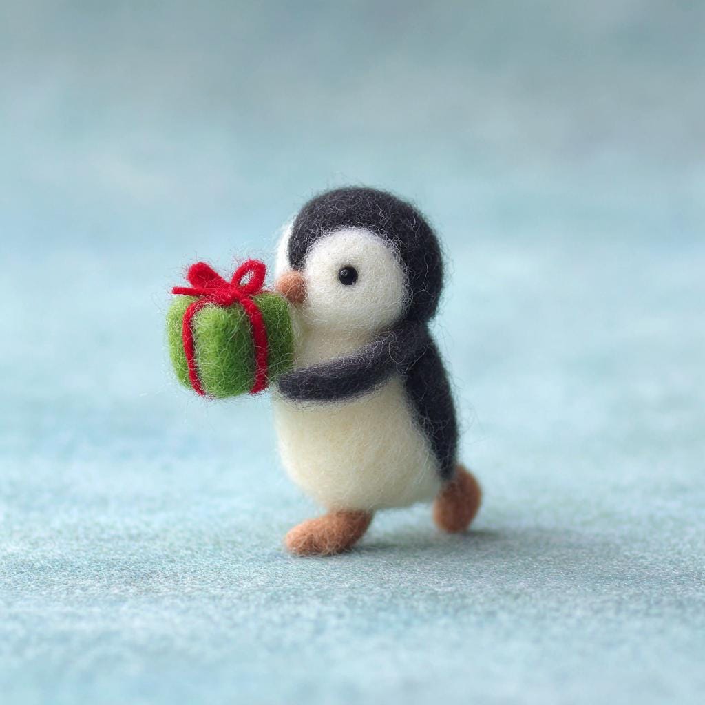 Handmade Wool Felt Penguin – Cute Needle Felted Penguin with Candy Cane, Christmas Winter Decoration, Adorable Holiday Gift