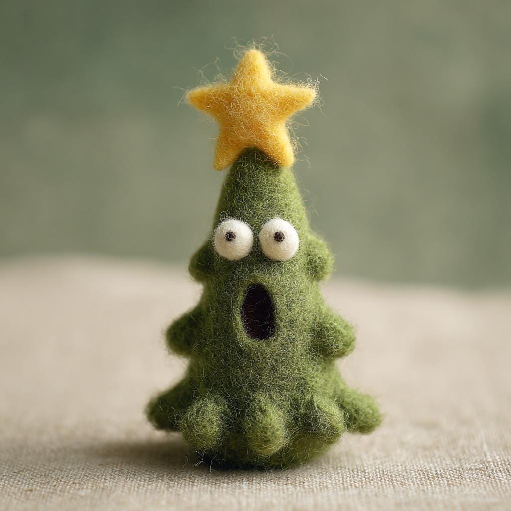 Handmade wool felt Christmas tree figurine with Santa hat, cozy dollhouse holiday decoration