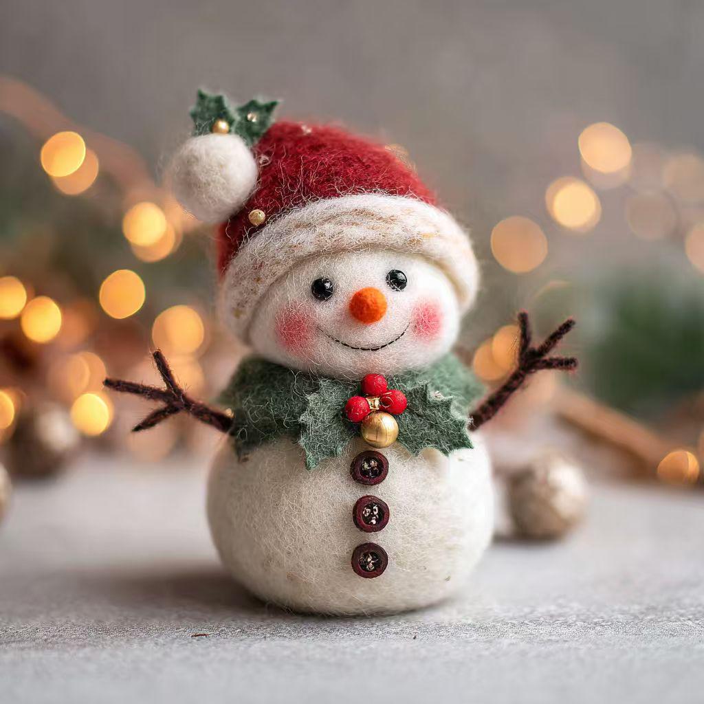 Needle felted wool snowman figurine hanging on a Christmas tree, part of wwwilovefelt's dollhouse collection, perfect for winter decor.