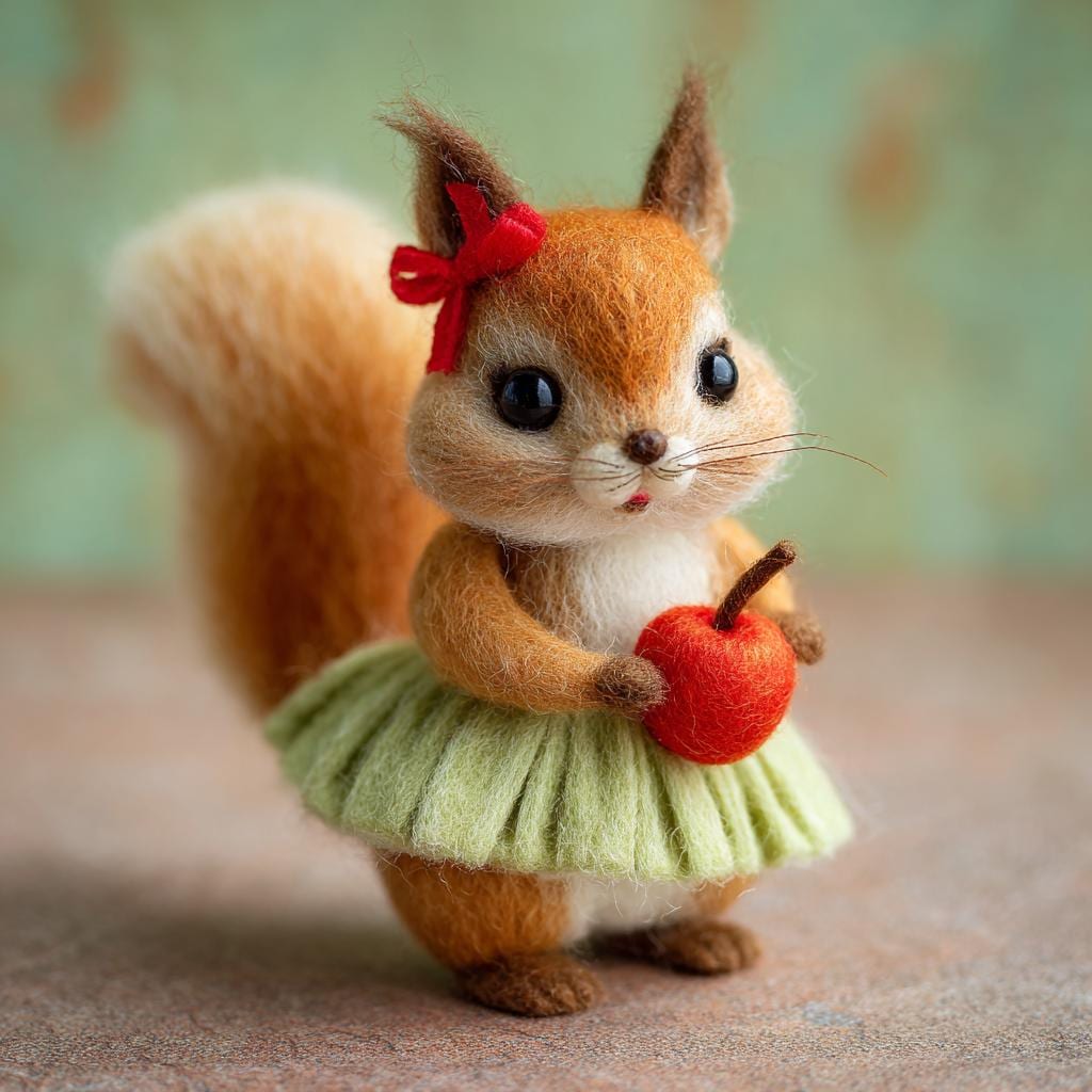 Needle felted squirrel figurine by wwwilovefelt, a handmade miniature woodland character for decor or gift, shown in detail.