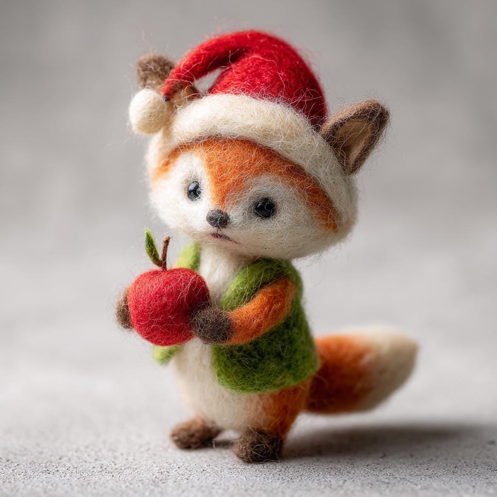 Handmade wool felt winter fox figurine, cozy Valentine keepsake animal decor