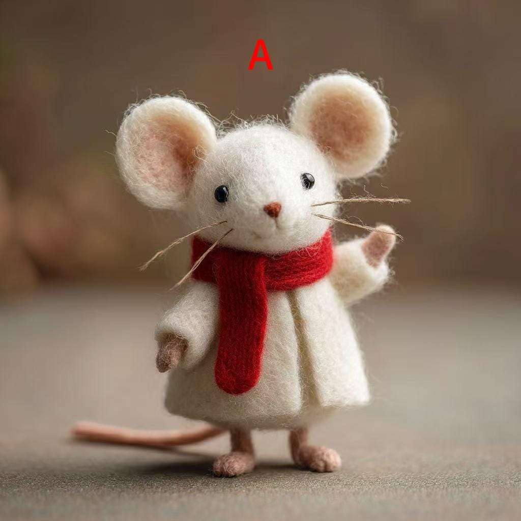 Handmade wool felt winter mouse figurine, cozy Valentine's Day desk decoration