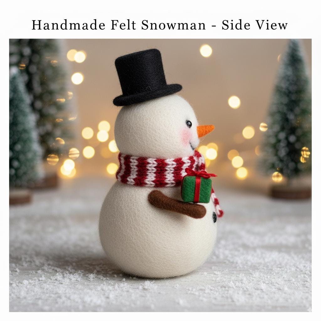 Needle felted wool snowman figurine, Christmas tree ornament by wwwilovefelt, with black top hat and orange carrot nose.