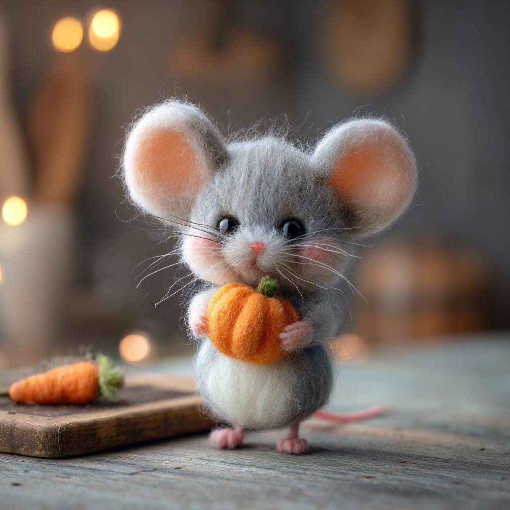 Handmade needle felted mouse figurine with a whimsical wool sculpture design, perfect for storybook-inspired home decor.