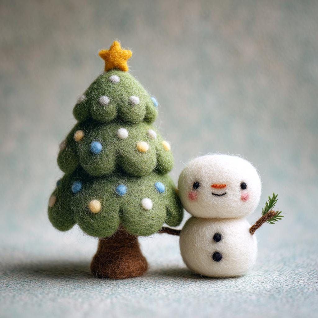 Needle felted wool Christmas tree fairy dollhouse figurine by wwwilovefelt, cozy handmade winter home decoration with festive details.