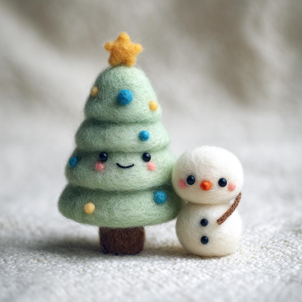 Handmade wool felt Christmas tree figurine with Santa hat, cozy dollhouse holiday decoration - view 2