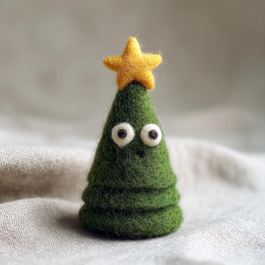 Needle felted wool Christmas tree fairy dollhouse figurine by wwwilovefelt, cozy handmade winter home decoration in soft felt.