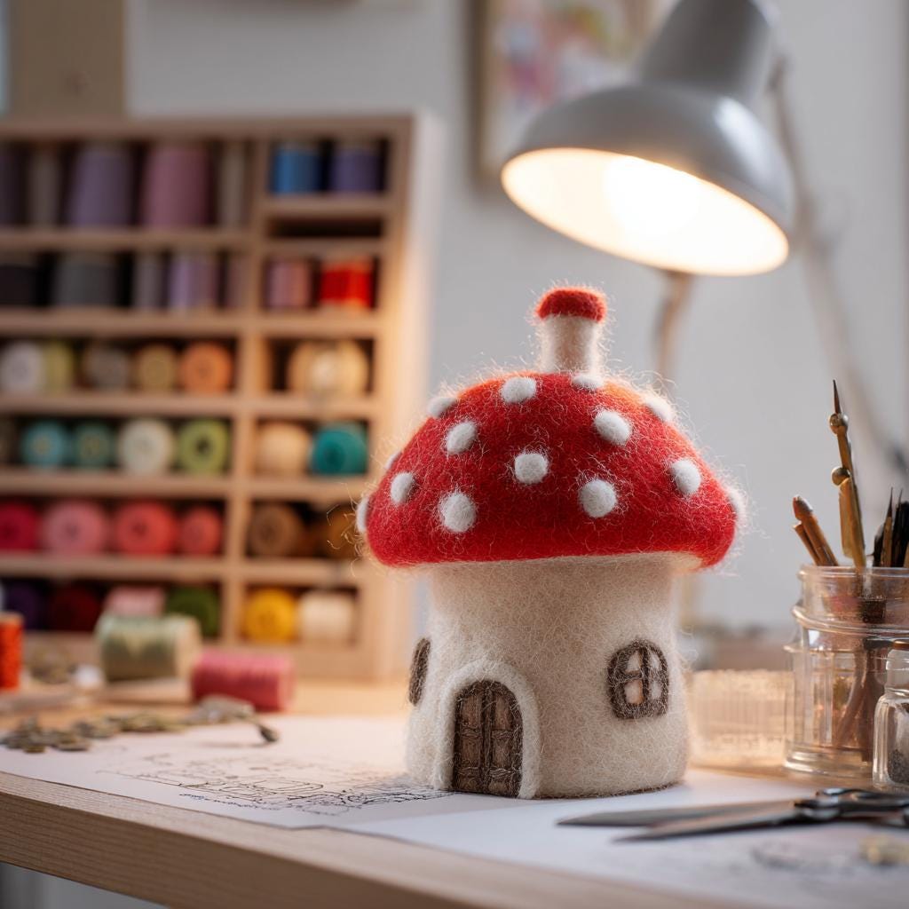 Needle Felted Mushroom House – Wool Felt Fairy Cottage Decor,  Forest Home Ornament