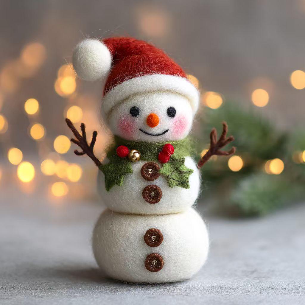 Needle felted wool snowman figurine hanging on a Christmas tree, part of wwwilovefelt's dollhouse collection, winter gift for kids and family