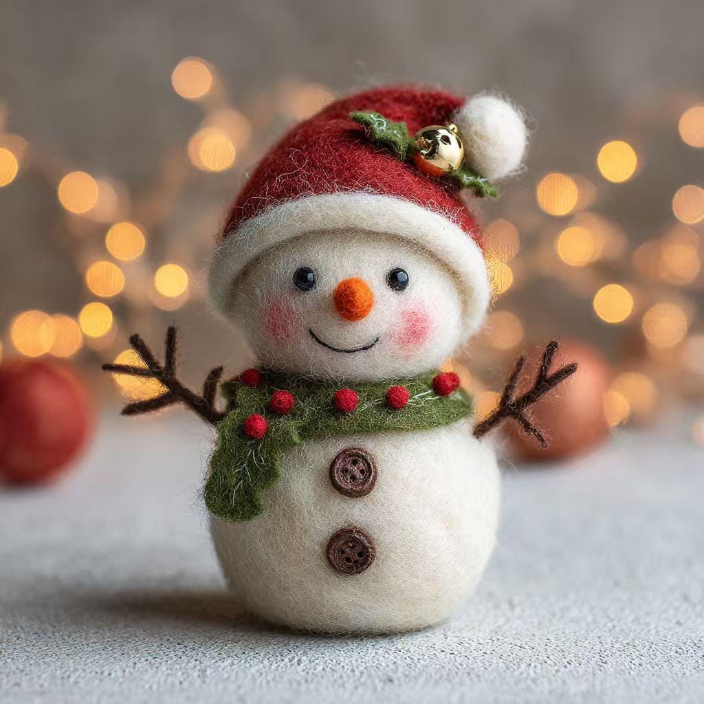 Needle felted wool snowman figurine hanging on a Christmas tree, part of wwwilovefelt's dollhouse collection for winter decorations.