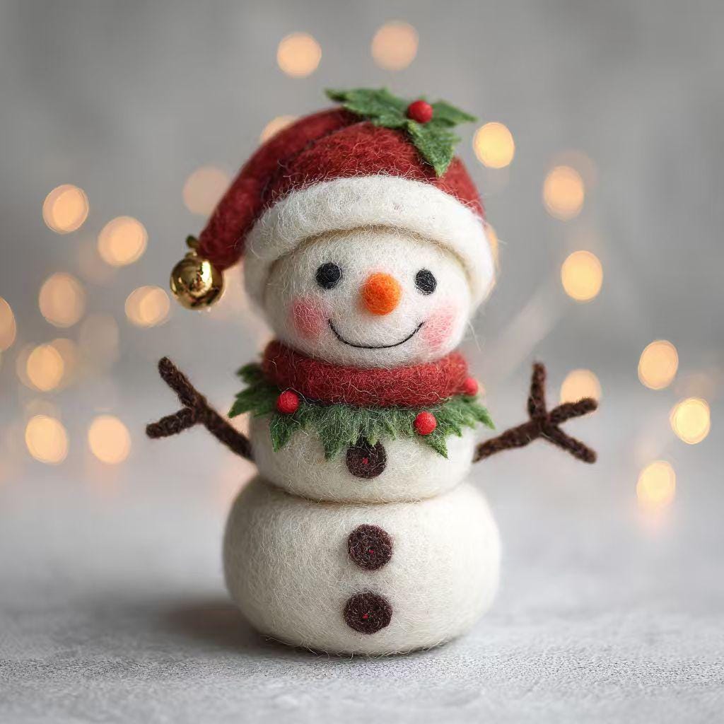 Needle felted wool snowman dollhouse figurine hanging on a Christmas tree, winter holiday decoration for kids and family.