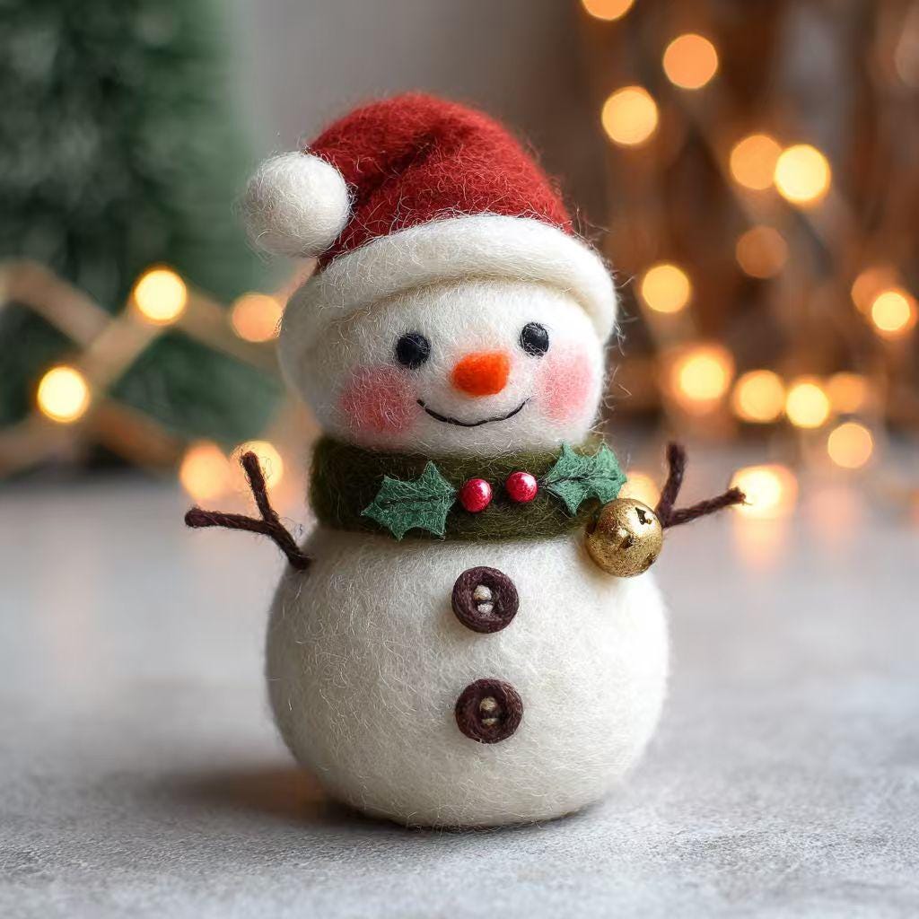 Needle felted wool snowman figurine hanging from a Christmas tree, part of wwwilovefelt's dollhouse collection, perfect winter gift.