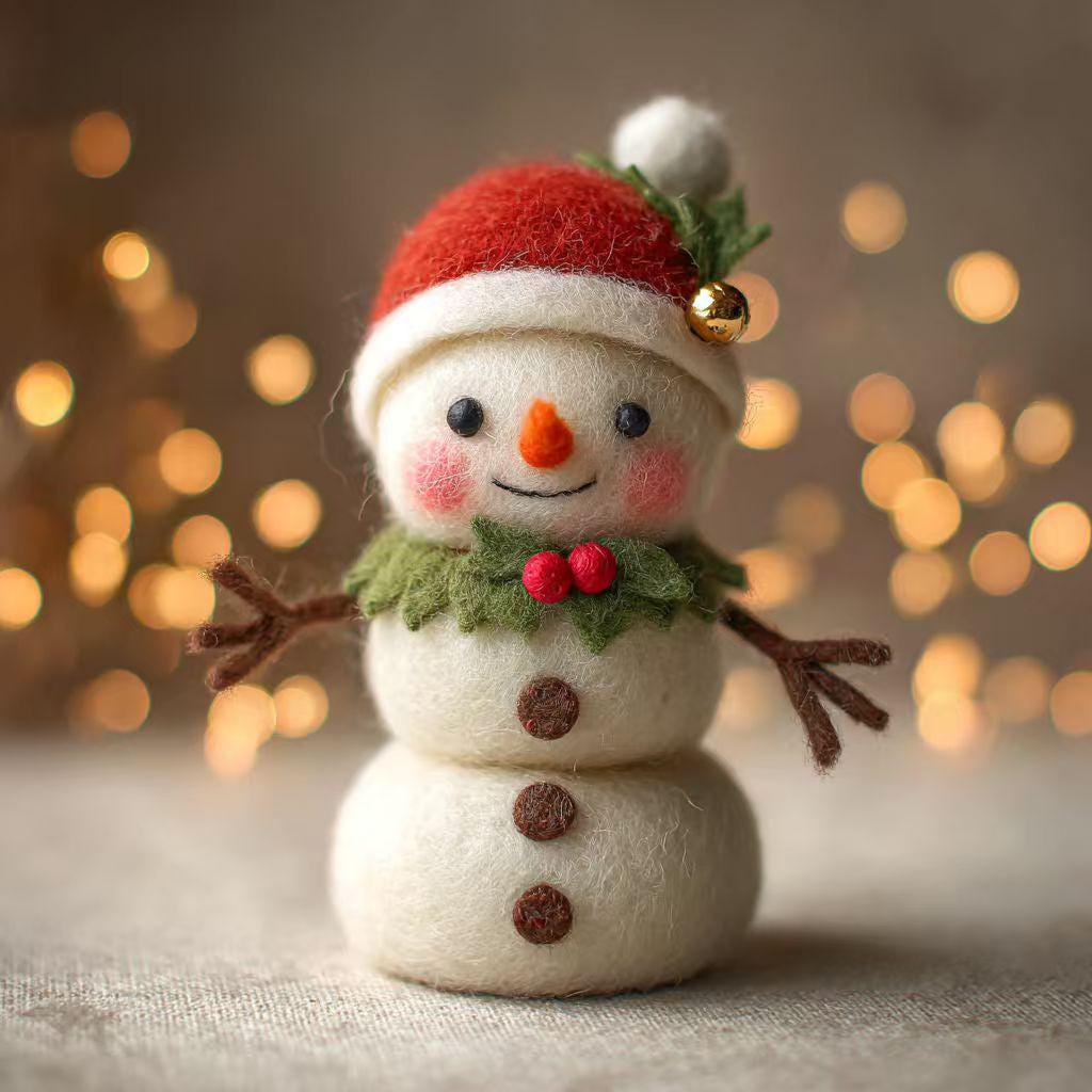 Needle felted wool snowman figurine hanging on a Christmas tree, part of wwwilovefelt's dollhouse collection, perfect for winter decor.