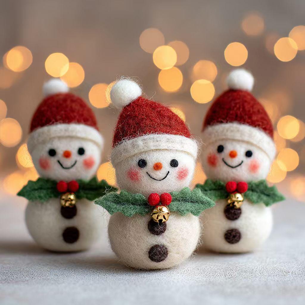 Needle felted wool snowman figurine hanging on a Christmas tree, part of wwwilovefelt's winter dollhouse collection.